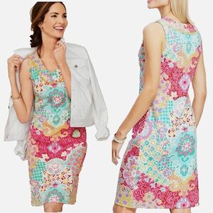 TALBOTS Medallion Interlock Shift Dress XL Multicolor Floral Pink Blue Green